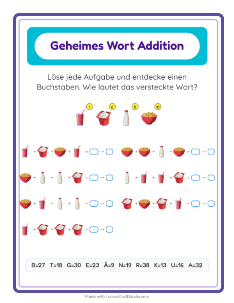 Vorschau: Code-Addition-Arbeitsblatt mit Frühstück für Kindergarten
