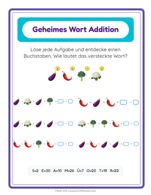 Vorschau: Code-Addition-Arbeitsblatt mit Gemüse für Kindergarten