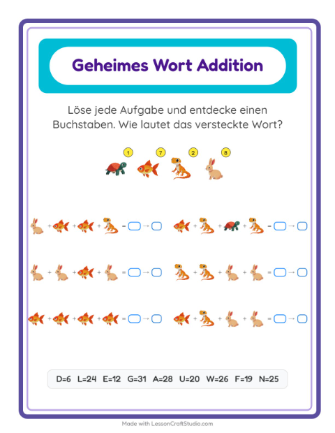 Vorschau: Code-Addition-Arbeitsblatt mit Haustiere für Kindergarten