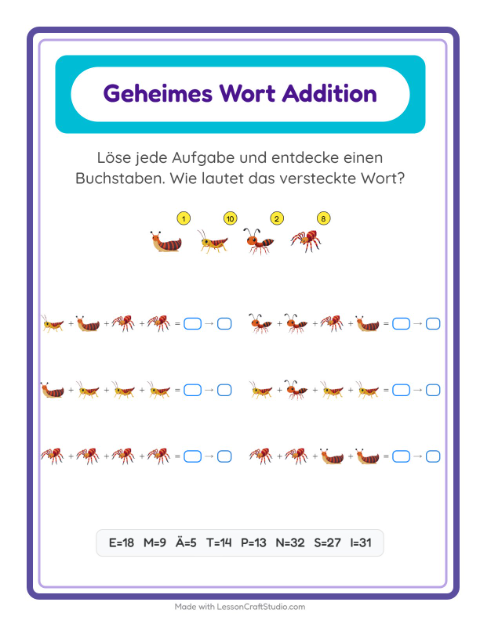 Vorschau: Code-Addition-Arbeitsblatt mit Insekten und Käfer für Kindergarten