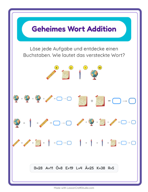 Vorschau: Code-Addition-Arbeitsblatt mit Klassenzimmer für Kindergarten