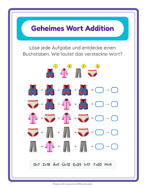 Vorschau: Code-Addition-Arbeitsblatt mit Kleidung für Kindergarten