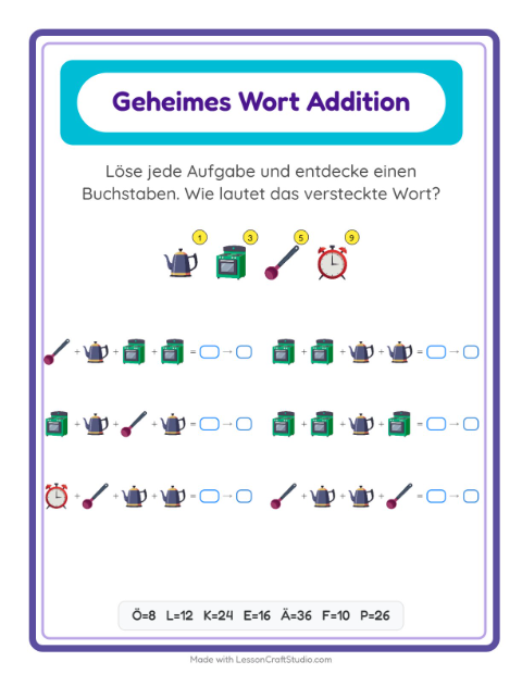 Vorschau: Code-Addition-Arbeitsblatt mit Küchenwerkzeuge für Kindergarten
