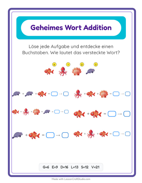 Vorschau: Code-Addition-Arbeitsblatt mit Meeresleben für Kindergarten