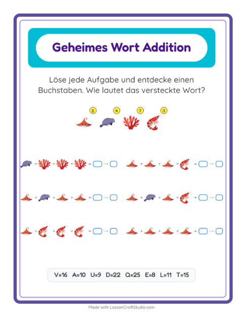 Vorschau: Code-Addition-Arbeitsblatt mit Meeresleben für Kindergarten