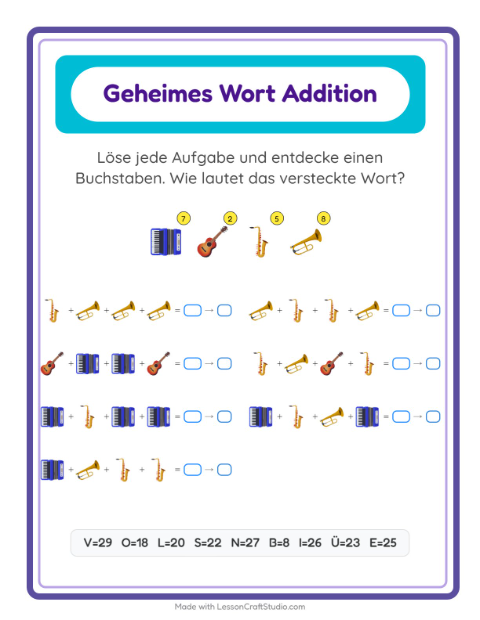 Vorschau: Code-Addition-Arbeitsblatt mit Musik für Kindergarten
