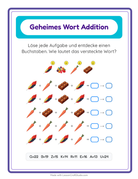 Vorschau: Code-Addition-Arbeitsblatt mit Ostern für Kindergarten
