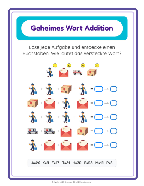 Vorschau: Code-Addition-Arbeitsblatt mit Postamt für Kindergarten