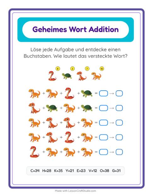 Vorschau: Code-Addition-Arbeitsblatt mit Reptilien und Amphibien für Kindergarten