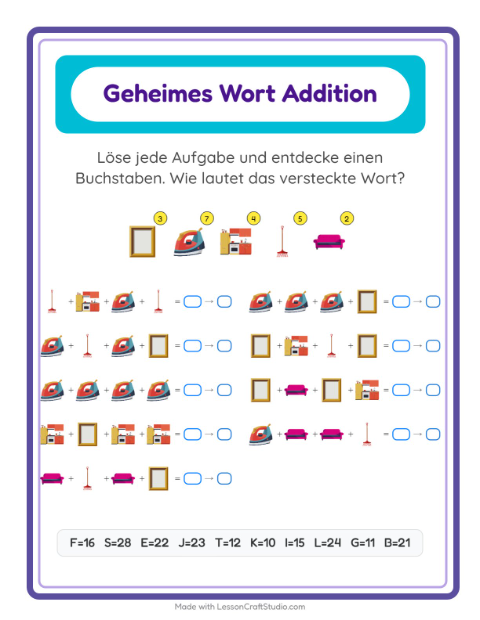 Vorschau: Code-Addition-Arbeitsblatt mit Rund ums Haus für Kindergarten