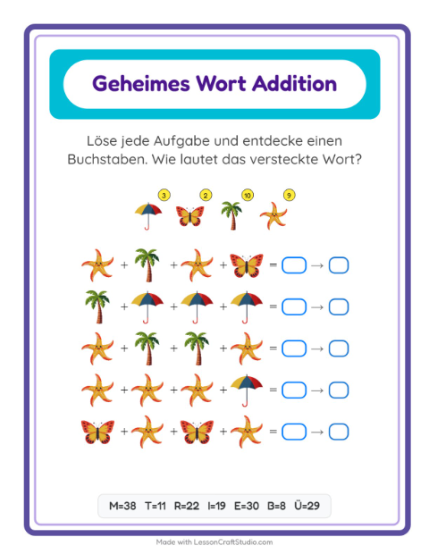 Vorschau: Code-Addition-Arbeitsblatt mit Sommer für Kindergarten