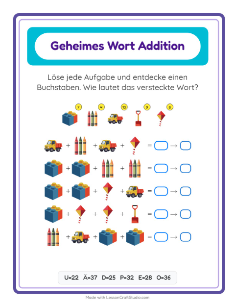 Vorschau: Code-Addition-Arbeitsblatt mit Spielzeug für Kindergarten