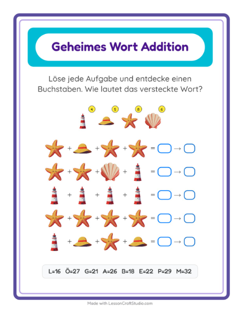 Vorschau: Code-Addition-Arbeitsblatt mit Strand für Kindergarten