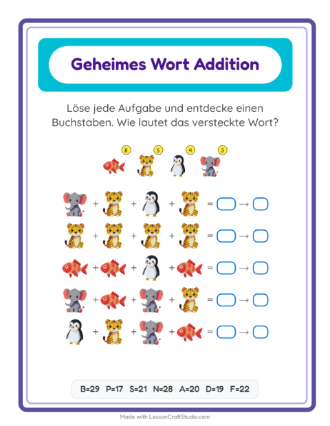 Vorschau: Code-Addition-Arbeitsblatt mit Tiere für Kindergarten