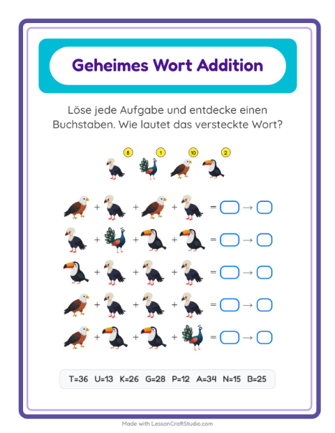 Vorschau: Code-Addition-Arbeitsblatt mit Vögel für Kindergarten