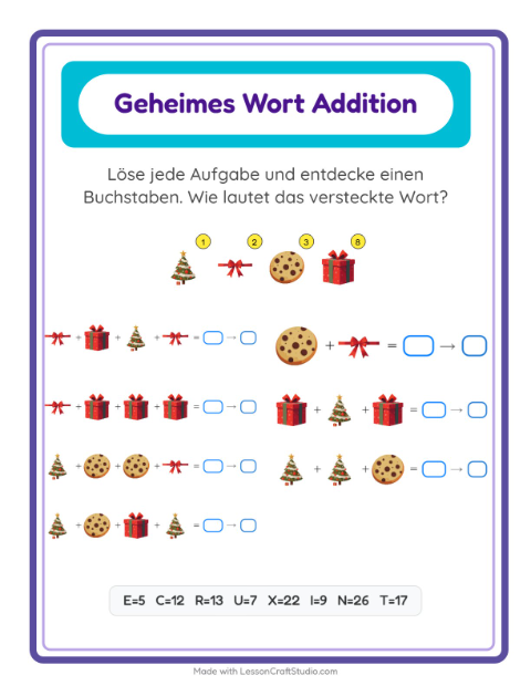 Vorschau: Code-Addition-Arbeitsblatt mit Weihnachten für Kindergarten