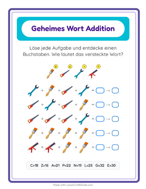 Vorschau: Code-Addition-Arbeitsblatt mit Werkzeuge für Kindergarten