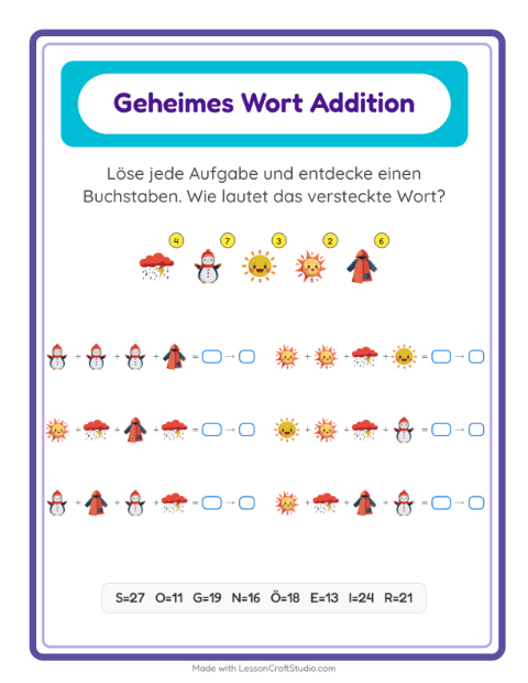 Vorschau: Code-Addition-Arbeitsblatt mit Wetter für Kindergarten