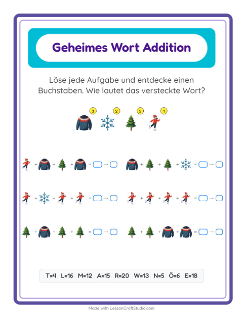 Vorschau: Code-Addition-Arbeitsblatt mit Winter für Kindergarten