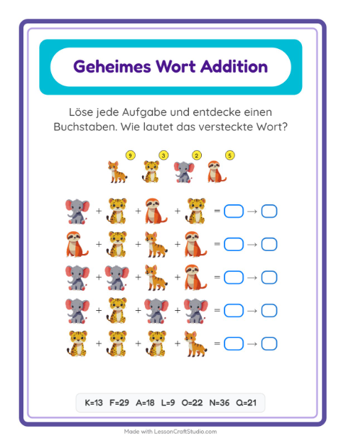Vorschau: Code-Addition-Arbeitsblatt mit Zootiere für Kindergarten