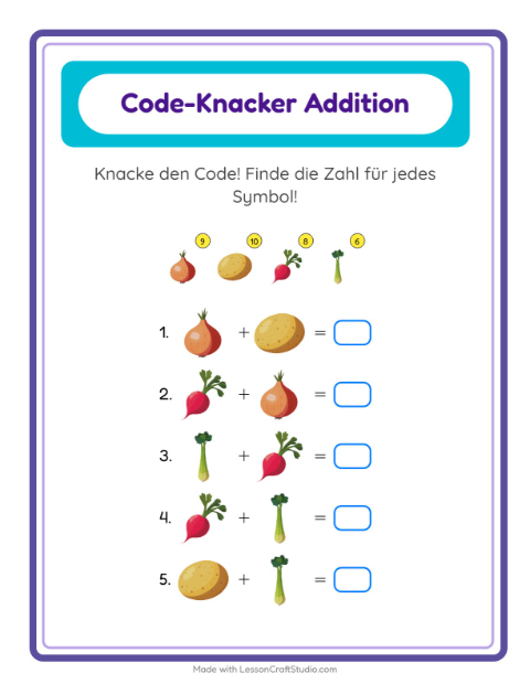 Vorschau: Code-Addition-Arbeitsblatt mit Gemüse für Kindergarten