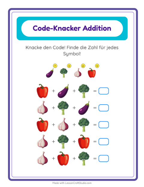 Vorschau: Code-Addition-Arbeitsblatt mit Gemüse für Kindergarten