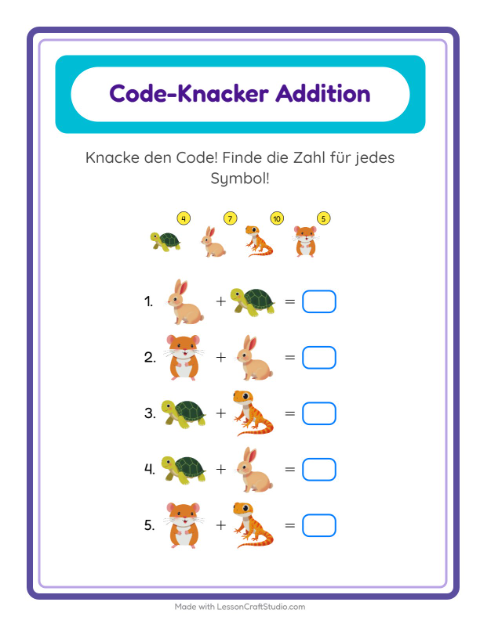 Vorschau: Code-Addition-Arbeitsblatt mit Haustiere für Kindergarten