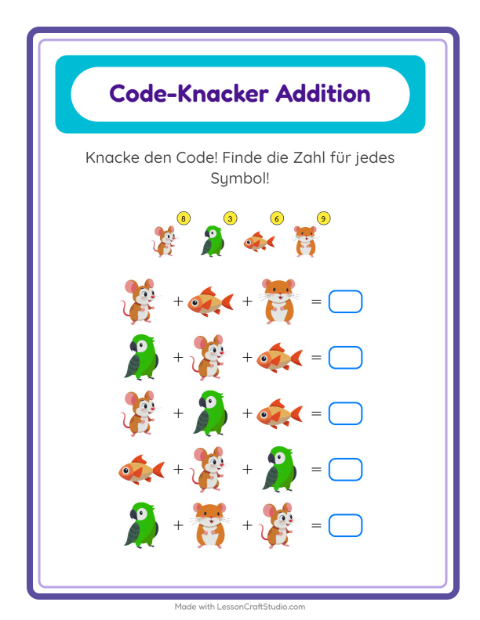 Vorschau: Code-Addition-Arbeitsblatt mit Haustiere für Kindergarten