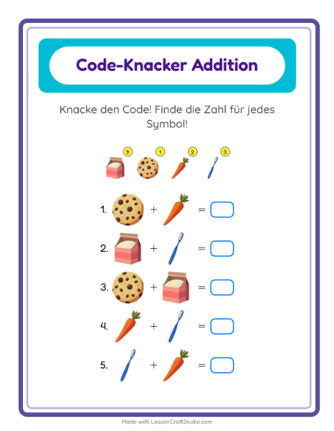 Vorschau: Code-Addition-Arbeitsblatt mit Im Supermarkt für Kindergarten
