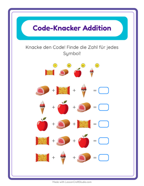 Vorschau: Code-Addition-Arbeitsblatt mit Im Supermarkt für Kindergarten