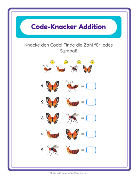 Vorschau: Code-Addition-Arbeitsblatt mit Insekten und Käfer für Kindergarten