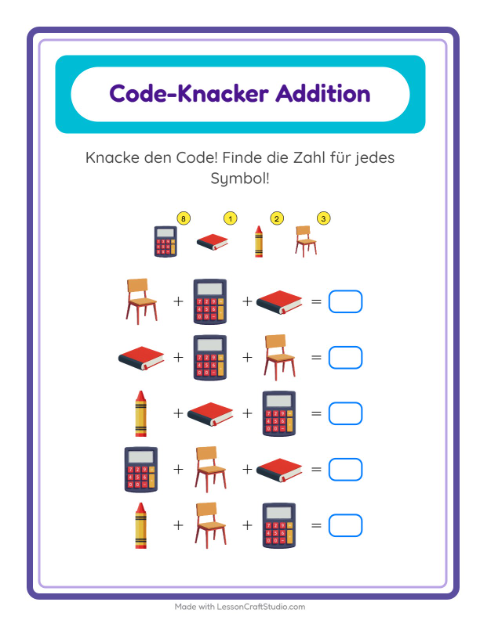 Vorschau: Code-Addition-Arbeitsblatt mit Klassenzimmer für Kindergarten