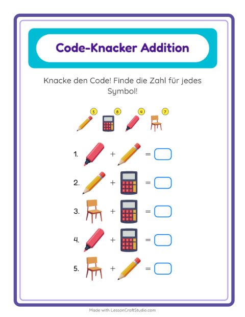 Vorschau: Code-Addition-Arbeitsblatt mit Klassenzimmer für Kindergarten