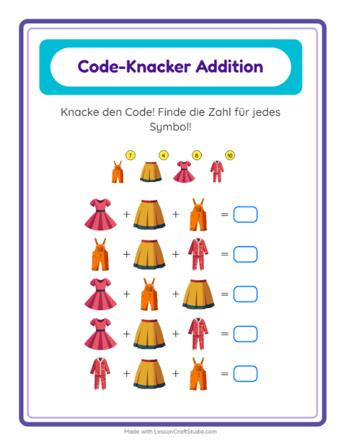 Vorschau: Code-Addition-Arbeitsblatt mit Kleidung für Kindergarten