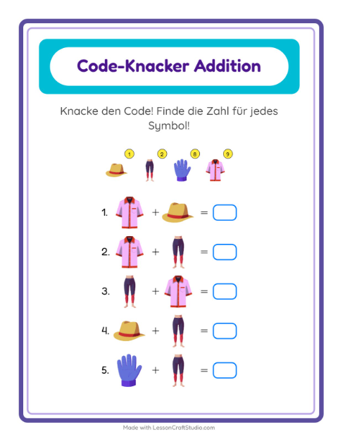 Vorschau: Code-Addition-Arbeitsblatt mit Kleidung für Kindergarten