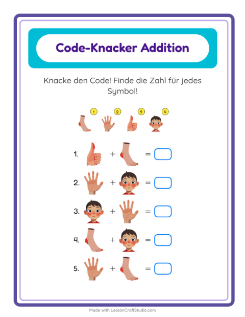 Vorschau: Code-Addition-Arbeitsblatt mit Körperteile für Kindergarten