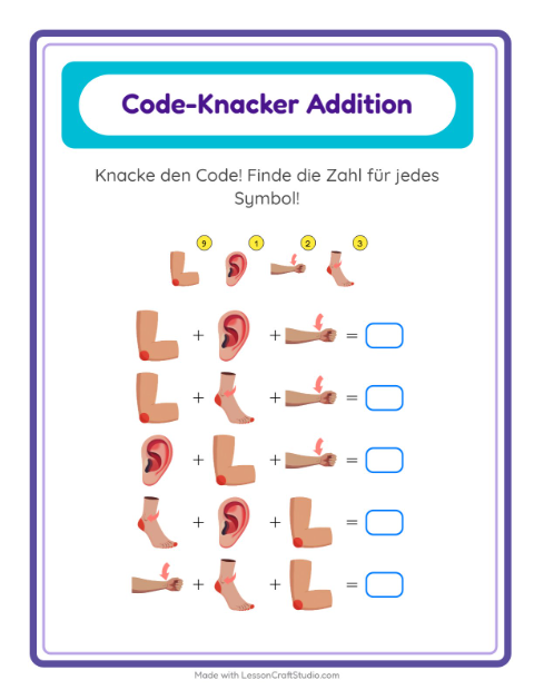 Vorschau: Code-Addition-Arbeitsblatt mit Körperteile für Kindergarten