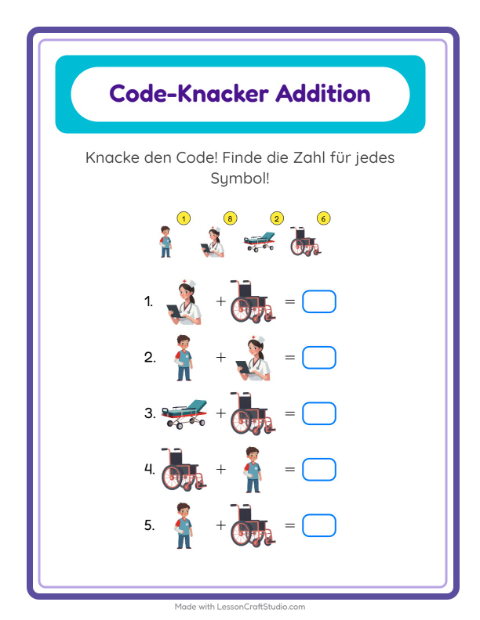 Vorschau: Code-Addition-Arbeitsblatt mit Krankenhaus für Kindergarten
