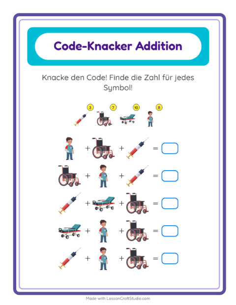 Vorschau: Code-Addition-Arbeitsblatt mit Krankenhaus für Kindergarten
