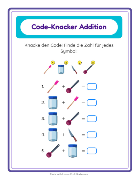 Vorschau: Code-Addition-Arbeitsblatt mit Küchenwerkzeuge für Kindergarten