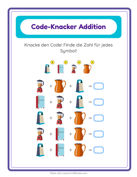 Vorschau: Code-Addition-Arbeitsblatt mit Küchenwerkzeuge für Kindergarten
