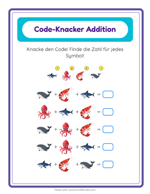 Vorschau: Code-Addition-Arbeitsblatt mit Meeresleben für Kindergarten