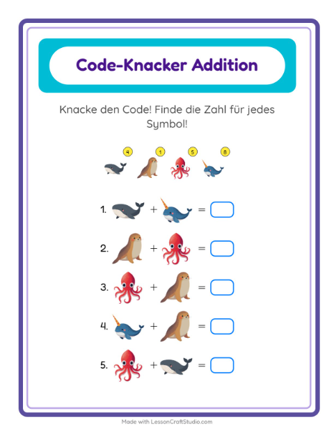 Vorschau: Code-Addition-Arbeitsblatt mit Meeresleben für Kindergarten