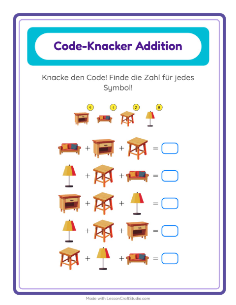 Vorschau: Code-Addition-Arbeitsblatt mit Möbel für Kindergarten