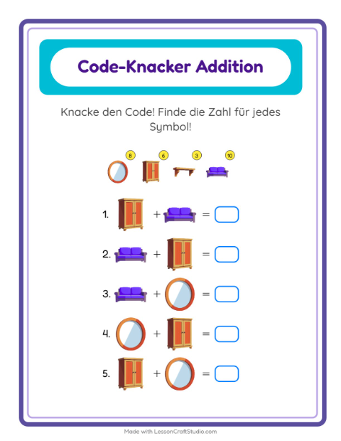 Vorschau: Code-Addition-Arbeitsblatt mit Möbel für Kindergarten