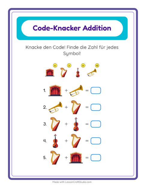 Vorschau: Code-Addition-Arbeitsblatt mit Musik für Kindergarten