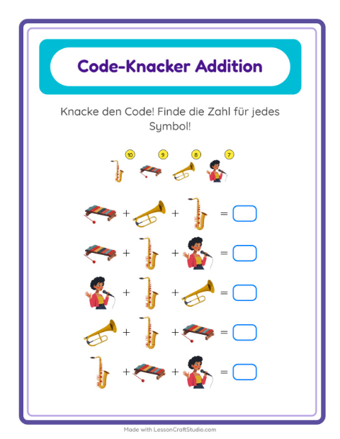 Vorschau: Code-Addition-Arbeitsblatt mit Musik für Kindergarten