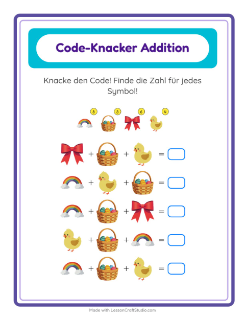 Vorschau: Code-Addition-Arbeitsblatt mit Ostern für Kindergarten