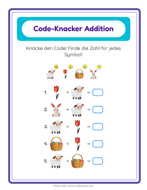Vorschau: Code-Addition-Arbeitsblatt mit Ostern für Kindergarten