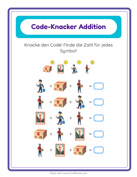 Vorschau: Code-Addition-Arbeitsblatt mit Postamt für Kindergarten